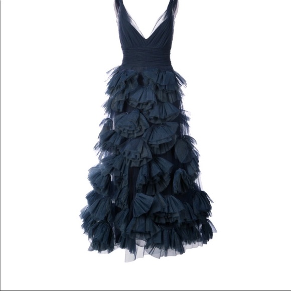 Marchesa Dresses & Skirts - Marchesa Norte Navy Plunge Ruffle Skirt Dress